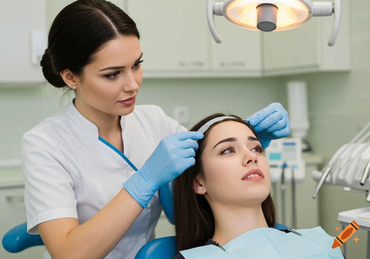 A dentist adjusts the metal headgear of a patient in a dental office. Realistic photo.