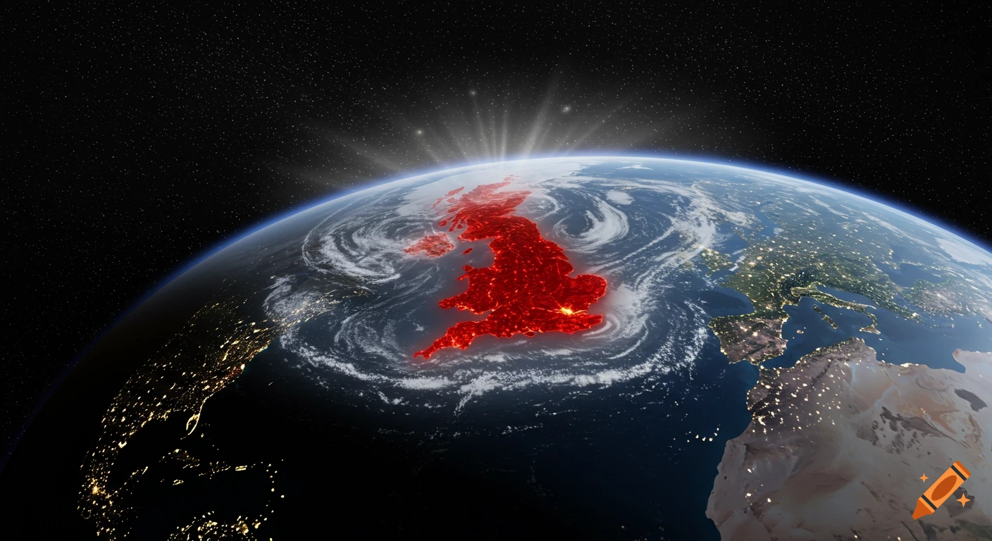 Earth from space showing the United Kingdom glowing red under swirling clouds and starlight.