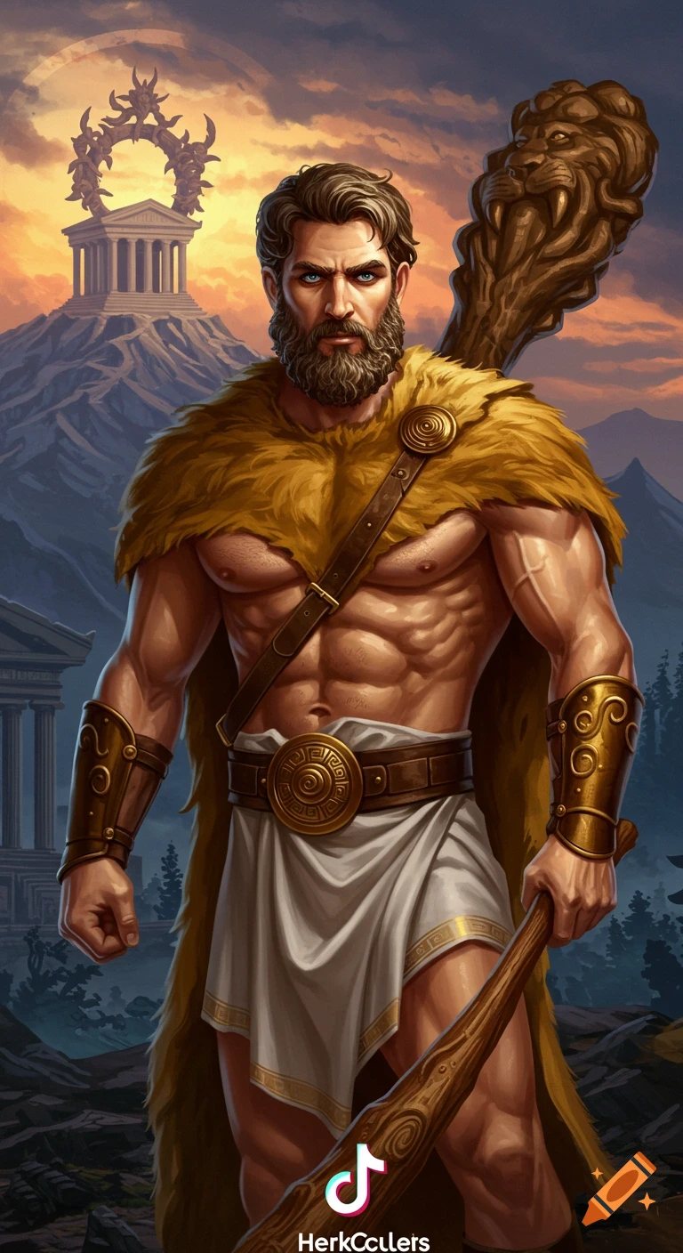 Illustration of the muscular Greek hero Heracles wearing a lion skin and holding a club, standing before a temple on Mount Olympus.