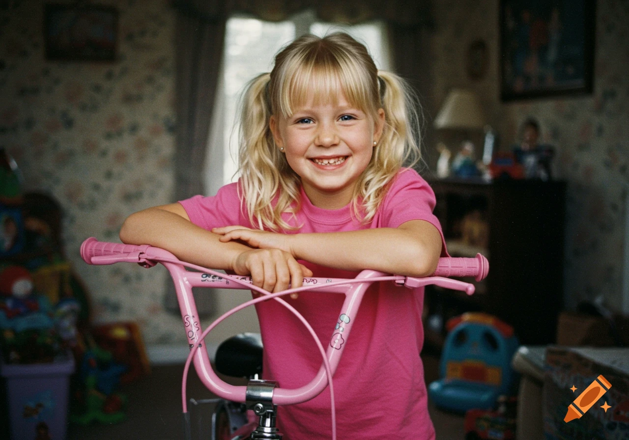 Young girl with blonde pigtails smiles leaning on a pink bicycle in a living room, 1990s photo style.