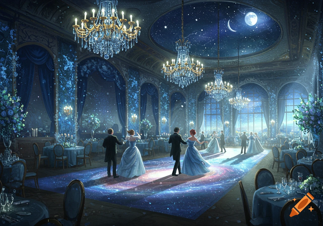 A grand ballroom decorated with blue floral and star-themed elements, with couples dancing on a floor that looks like a galaxy.