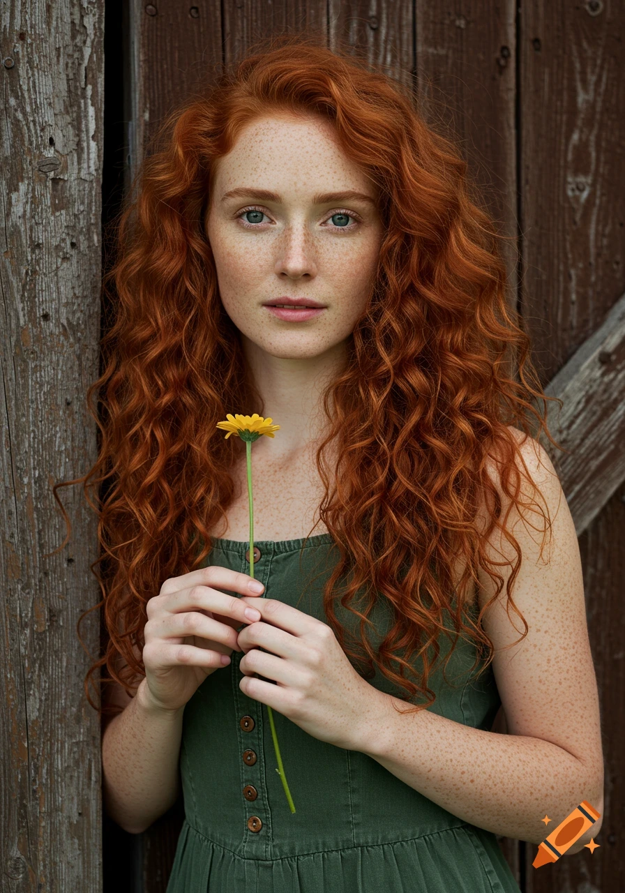 Realistic portrait of a woman with red curly hair and freckles holding a yellow flower by a barn door.