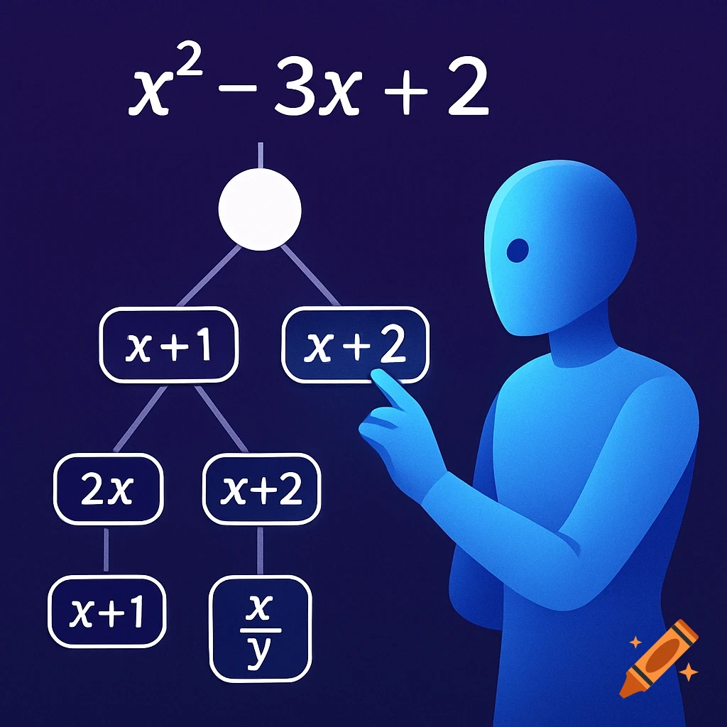 Stylized blue figure pointing at a mathematical tree diagram with an equation and terms.