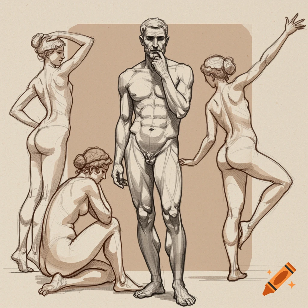 Sepia-toned classical figure study sketch of a standing male figure surrounded by three female figures in various poses.
