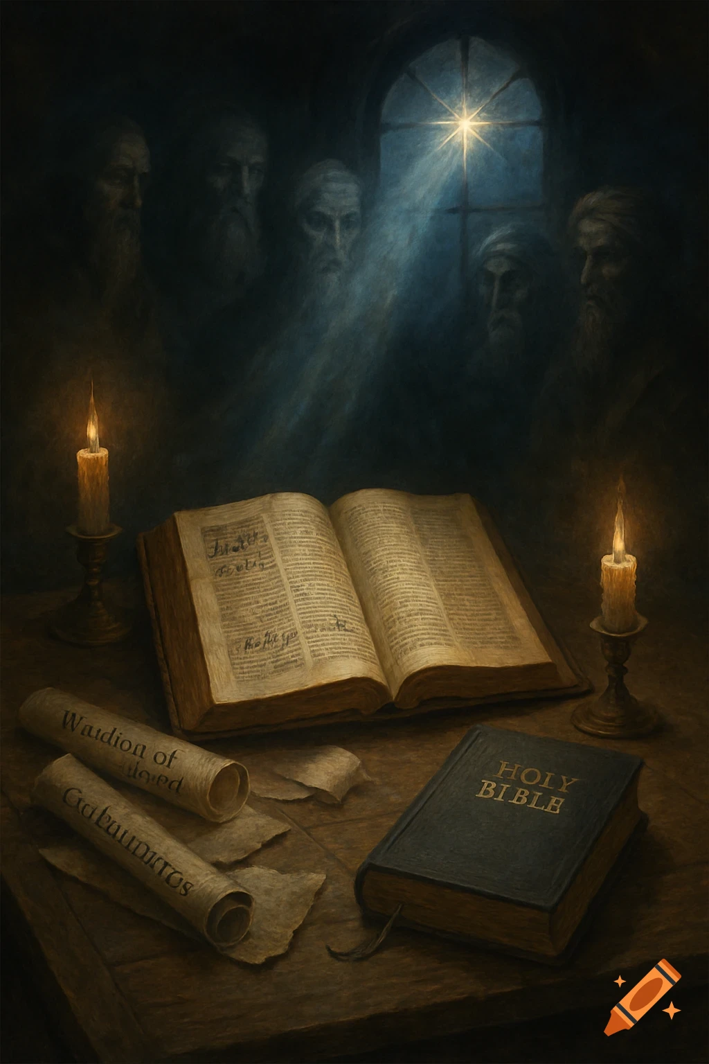 A dim painting of an open book, Holy Bible, scrolls, and candles on a table, with shadowy figures and a star in the background.
