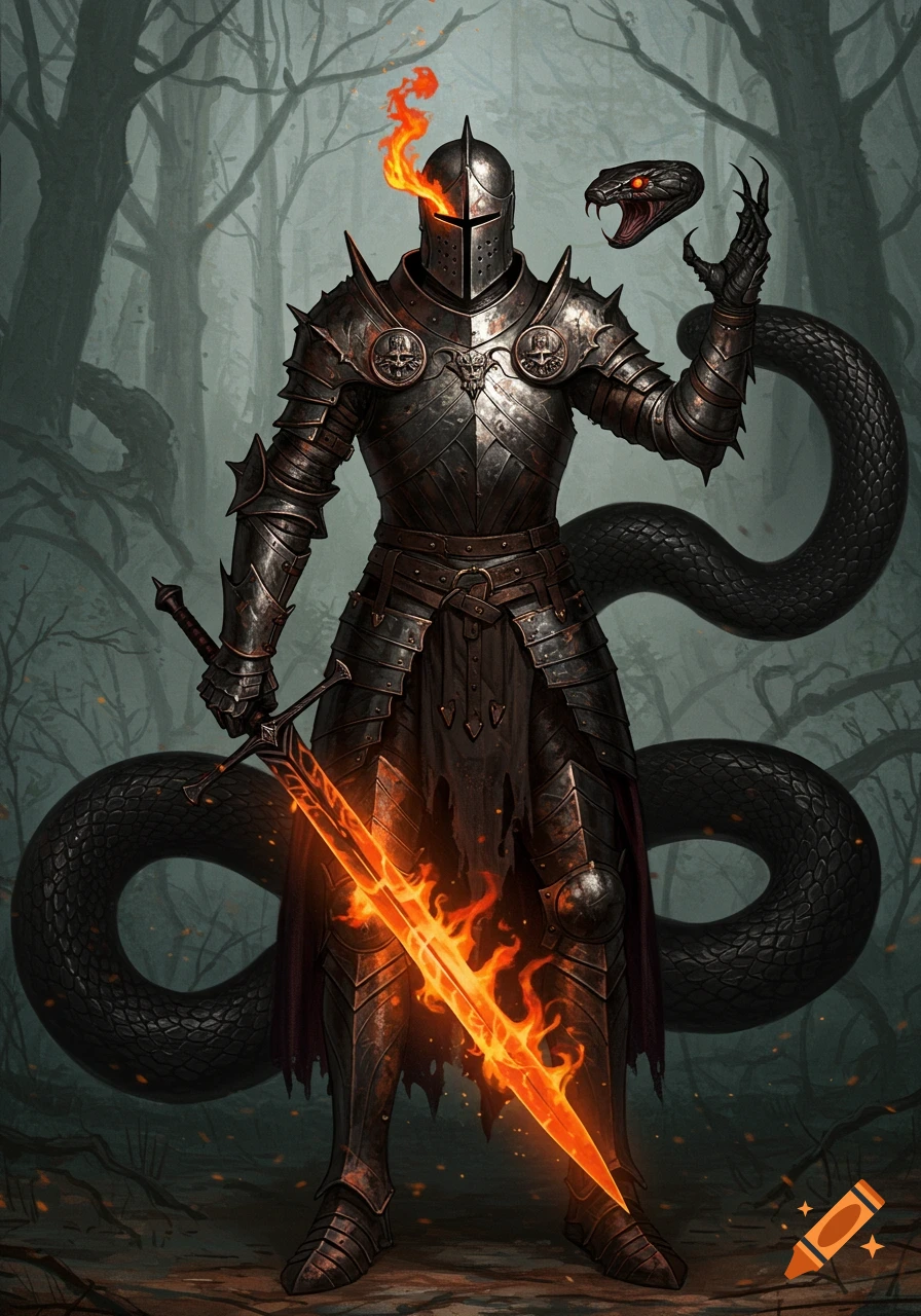 A dark fantasy knight with a flaming sword and a snake for an arm stands in a misty forest.