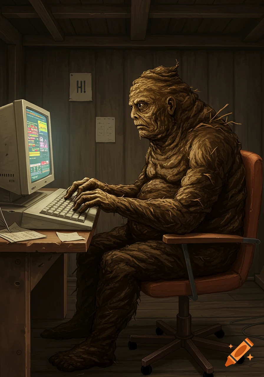 A humanoid creature made of manure sitting at a desk, typing on an old computer. A sign on the wall says "HI!"
