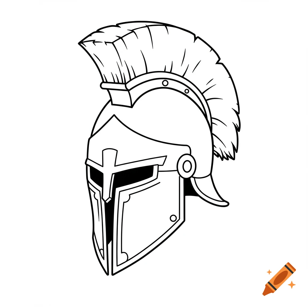 Black and white line art illustration of a stylized spartan helmet.