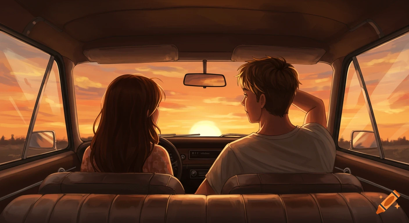 Two people in a car looking at a sunset.