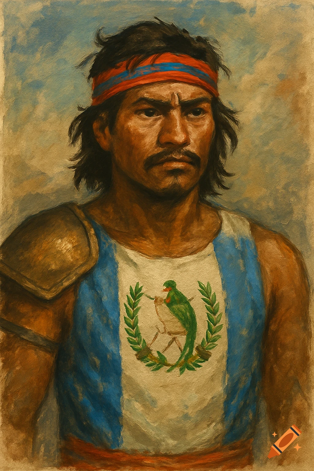 A person depicted as a warrior wearing a headband and a vest with the Guatemalan emblem.