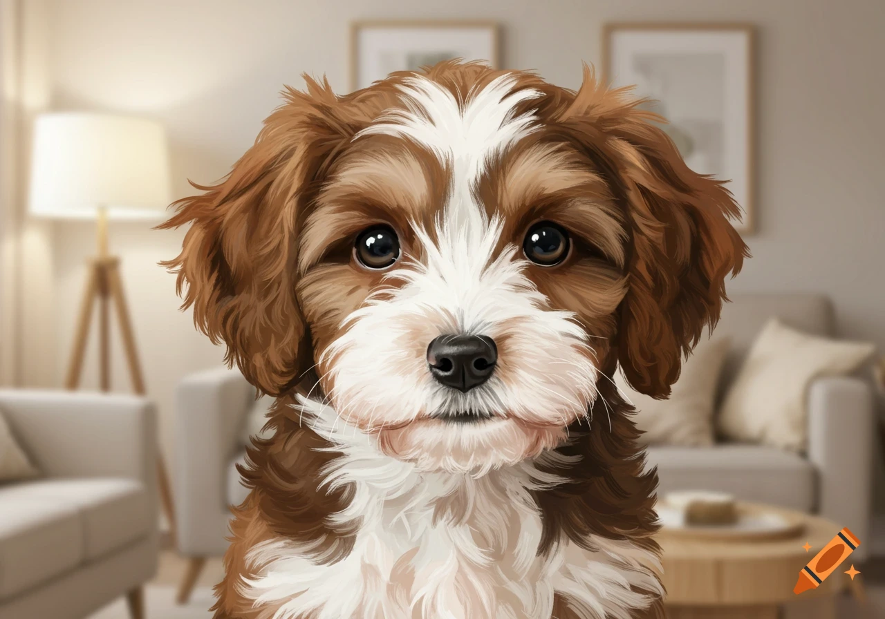 A close-up of a brown and white puppy face.