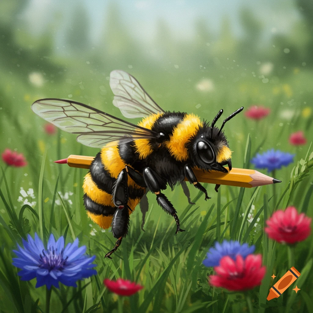 A bee is flying and carrying a pencil over a field of colorful flowers.