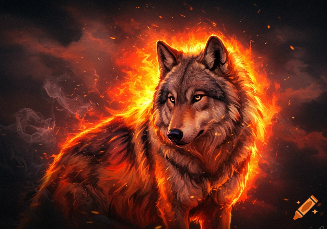 A wolf wreathed in orange flames and sparks