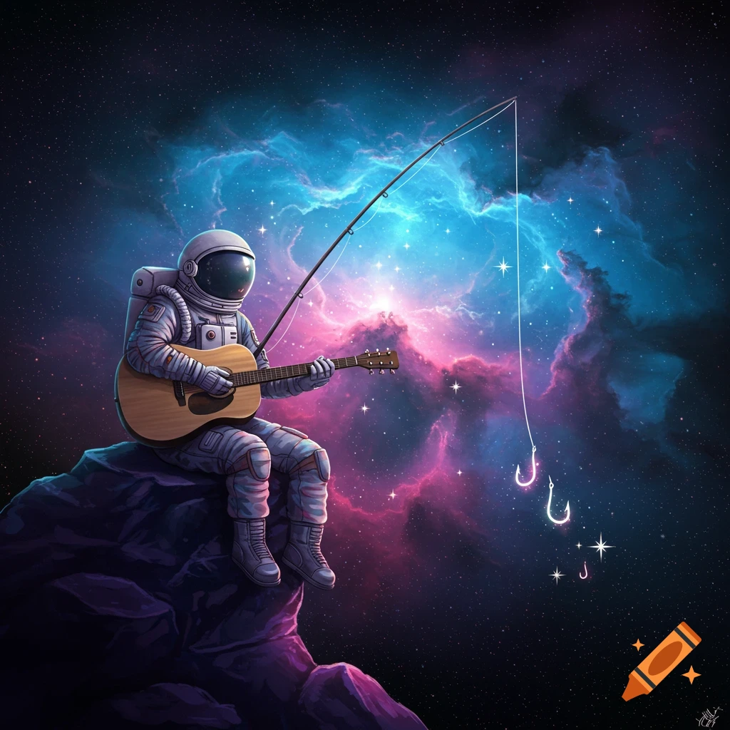 An astronaut plays guitar and fishes for stars while sitting on a rock in space.