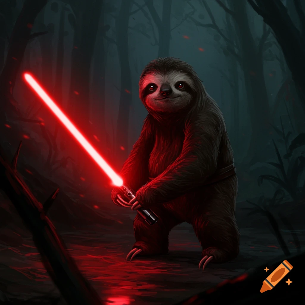 A dark jedi sloth holding a red lightsaber in a dark forest.