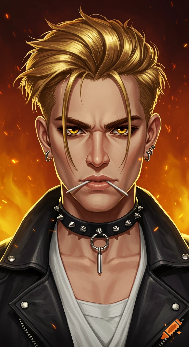A man with blonde hair, amber eyes, toothpick, leather jacket, and choker is against a fiery background.