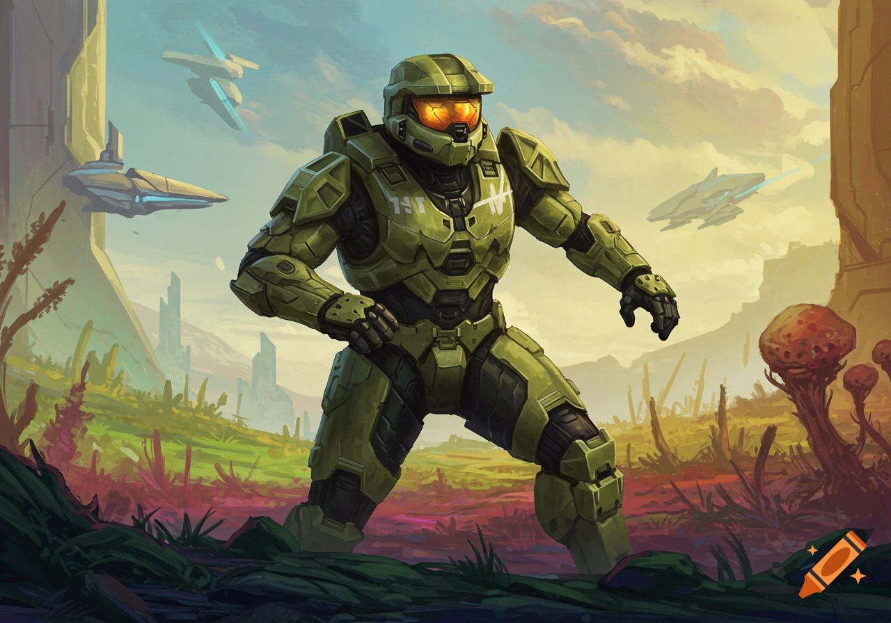 Master Chief standing on an alien planet with spaceships in the sky.