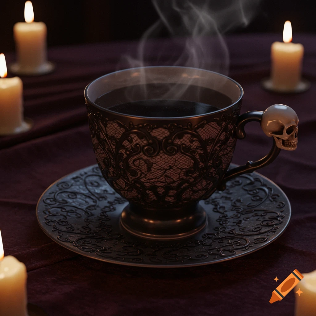 Gothic teacup with skull handle and lace pattern, steaming, surrounded by candles on dark tablecloth.