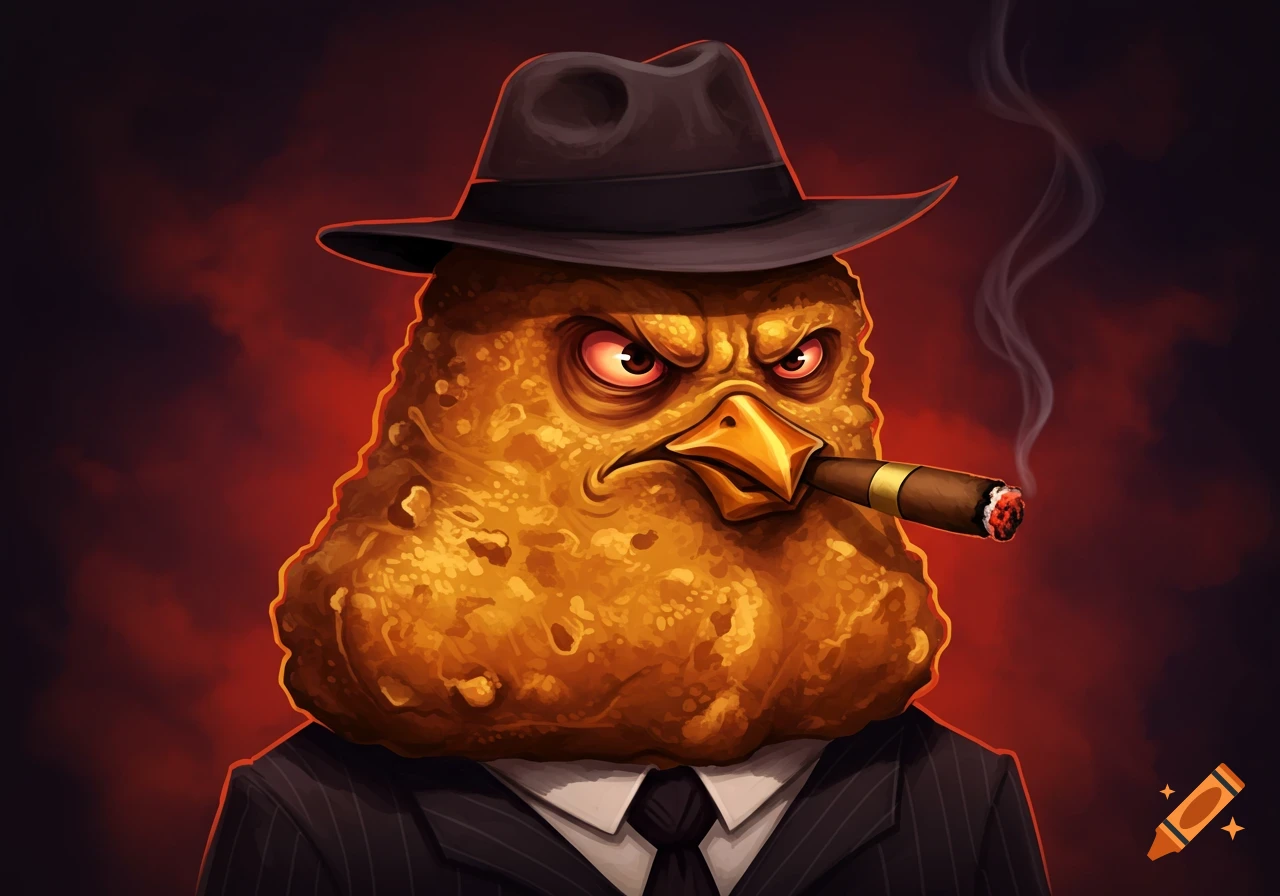 Cartoon chicken nugget character dressed as a gangster, wearing a hat and smoking a cigar.