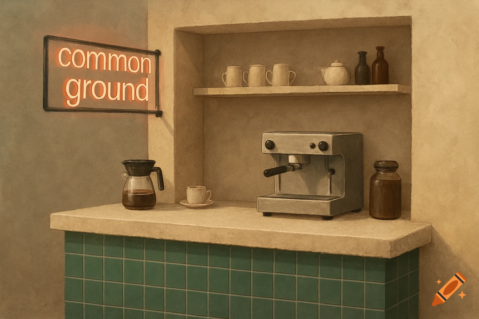 A coffee stand with a neon "common ground" sign, coffee machine, carafe, cups, and bottles.