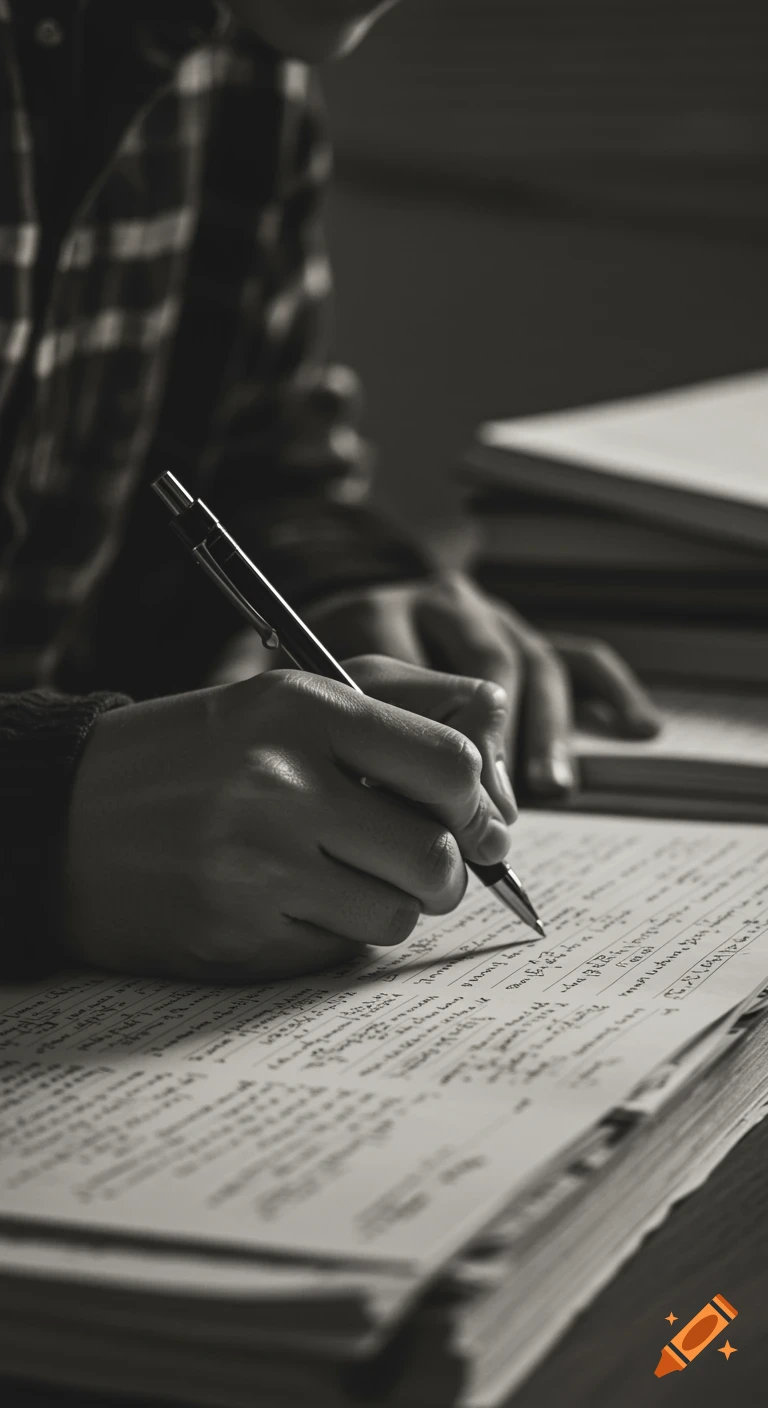 Close-up, black and white photo of a person writing on paper with a pen.