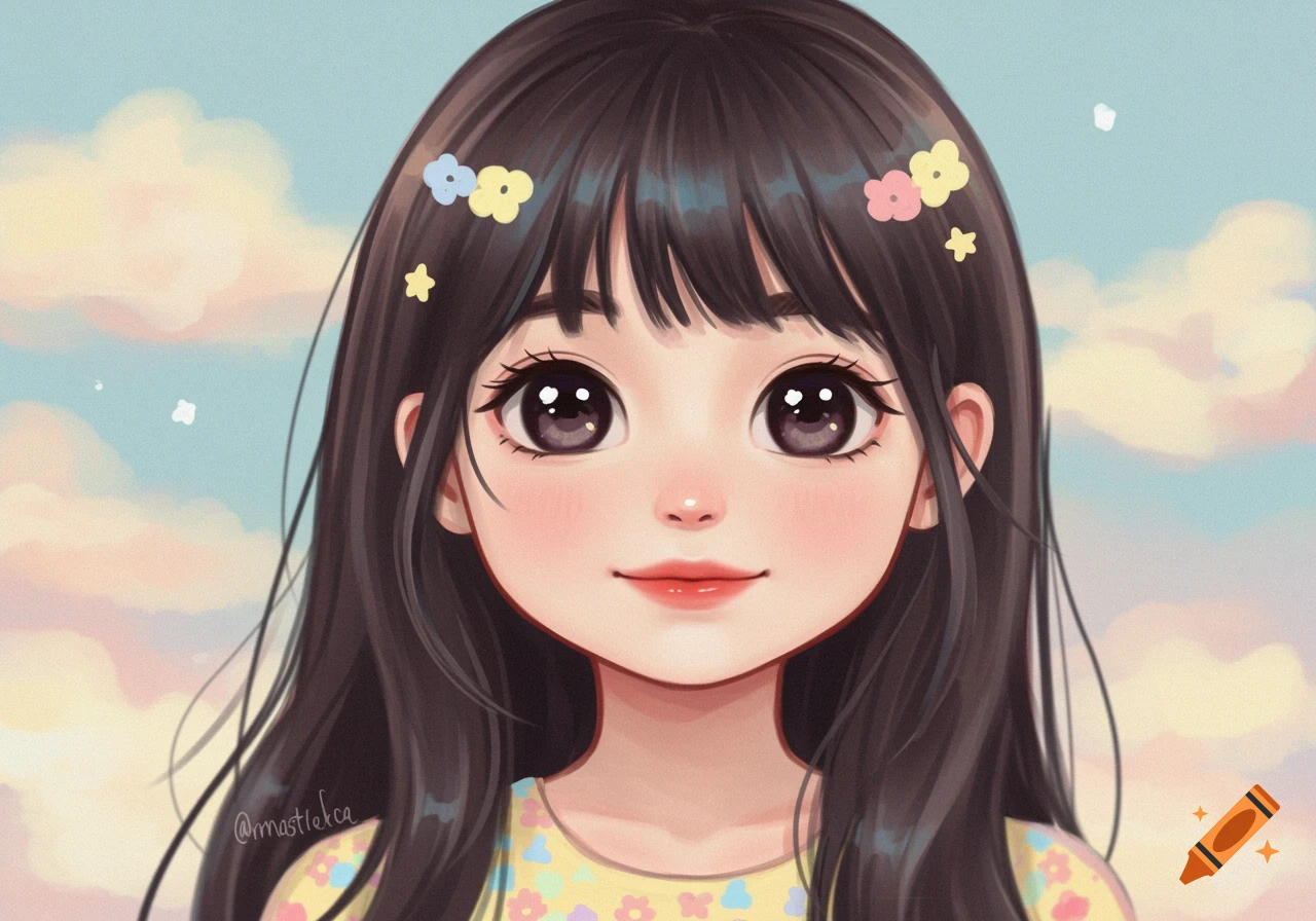 A cute anime girl with flowers in her hair is shown against a cloudy sky.