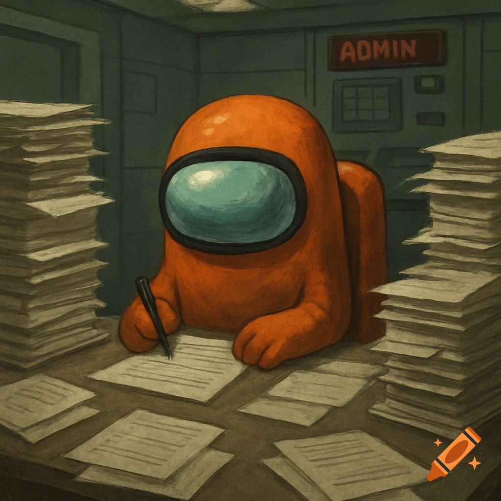 Orange Among Us crewmate does paperwork at a desk in the admin room.