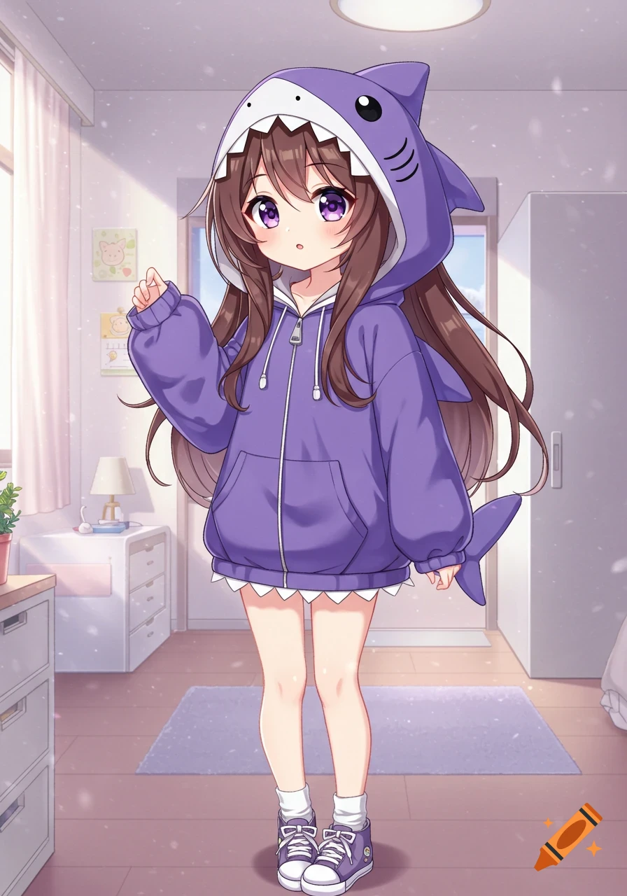 Anime girl with brown hair and purple eyes wearing a purple shark hoodie and white socks, standing indoors.