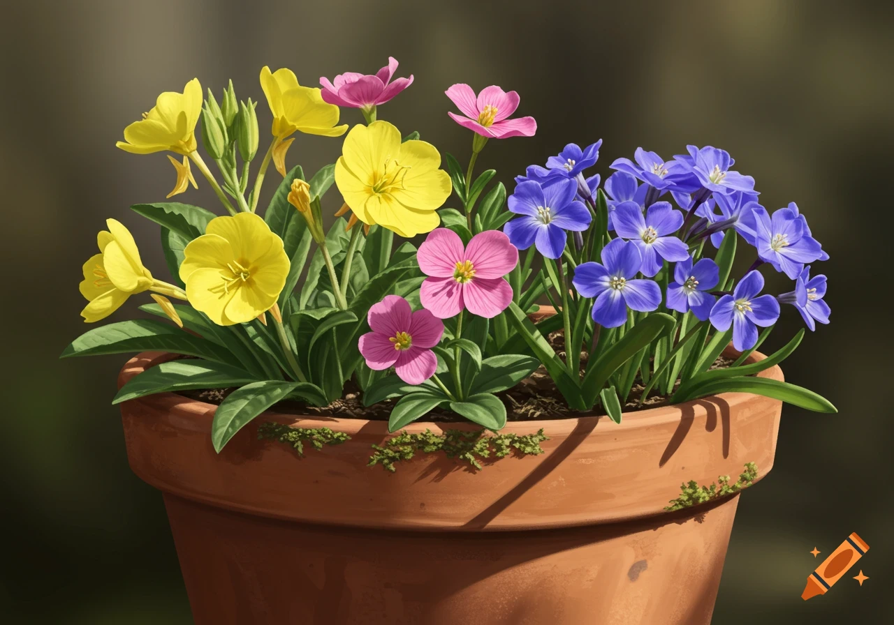 A pot of colorful flowers, including yellow, pink, and blue blossoms.