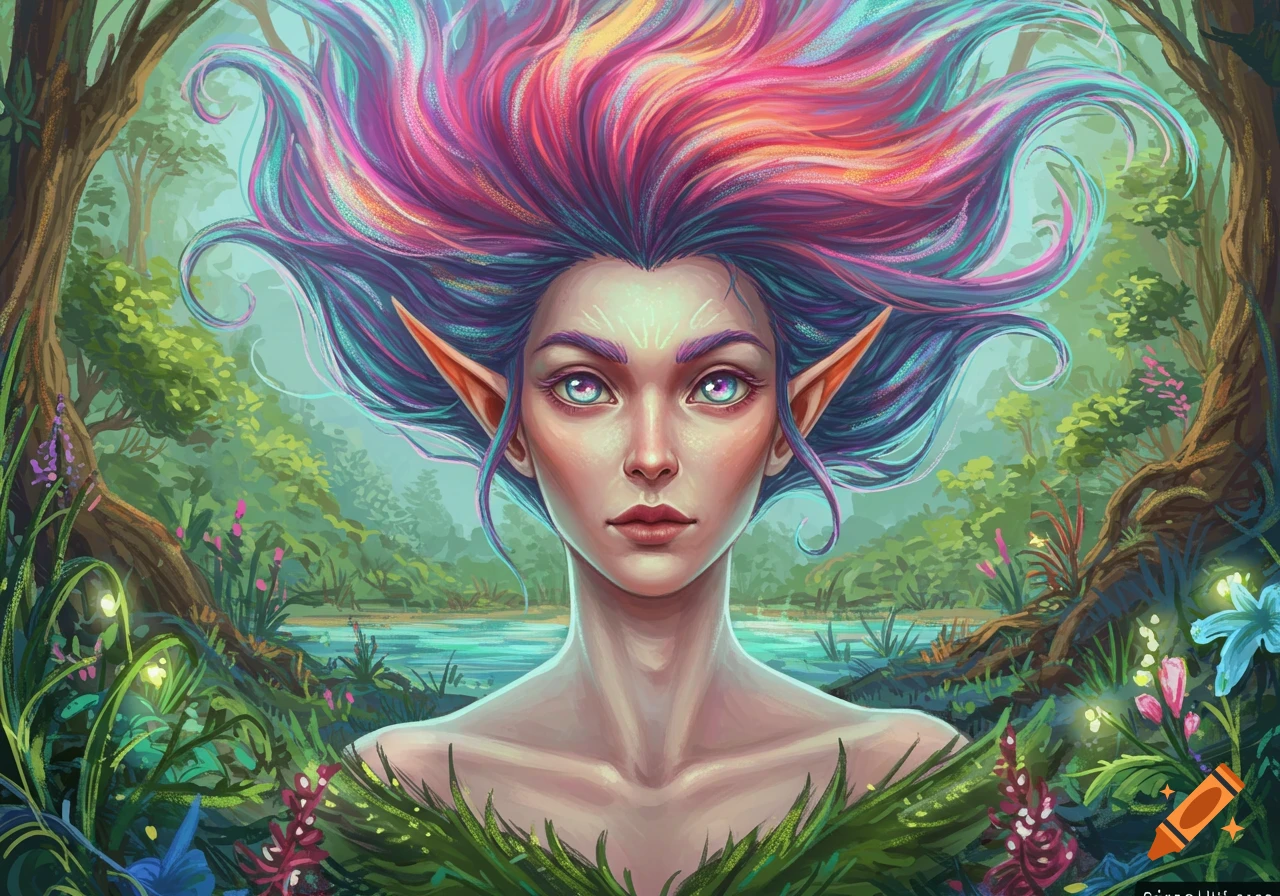 A fantasy elf with colorful hair in a forest setting