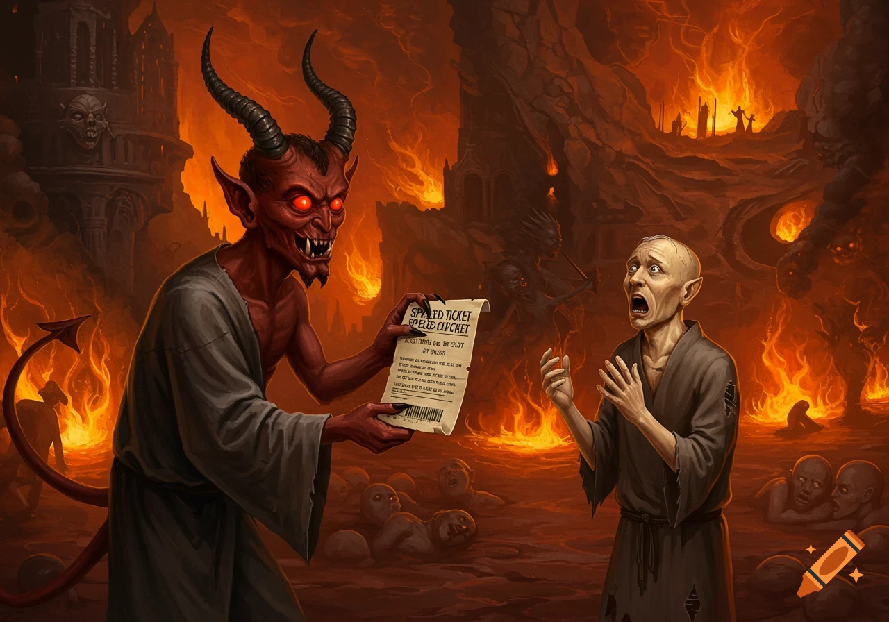 A devil hands a scared man a speeding ticket in the fiery landscape of hell
