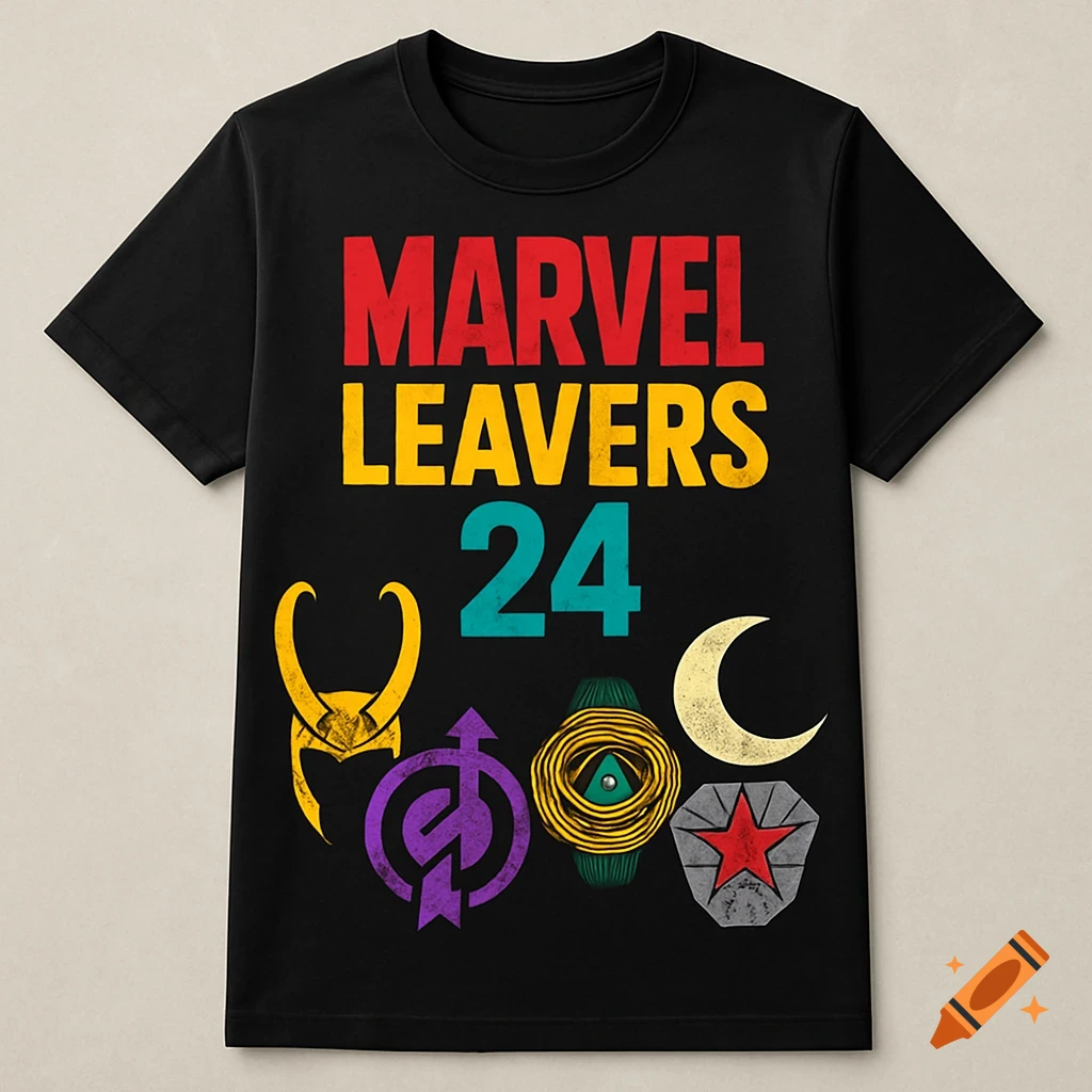 Black t-shirt with Marvel Leavers 24 text and symbols representing Loki, Hawkeye, Dr Strange, Moon Knight, and Bucky.