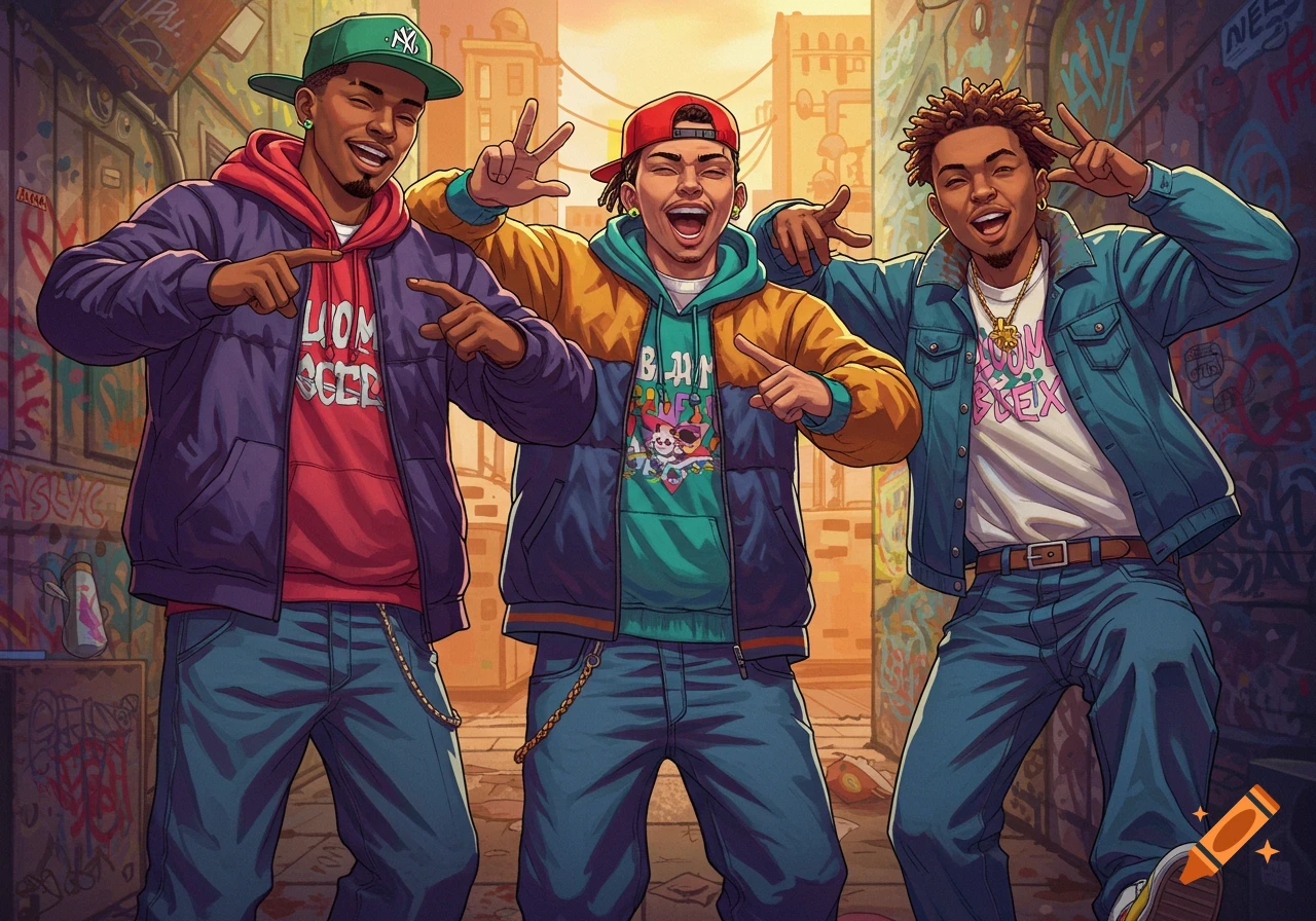 Three young men in hip-hop clothing posing in a graffiti-covered alley.