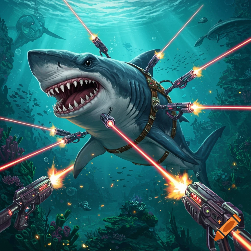 A shark wearing a harness with multiple laser rifles attached shoots lasers underwater.