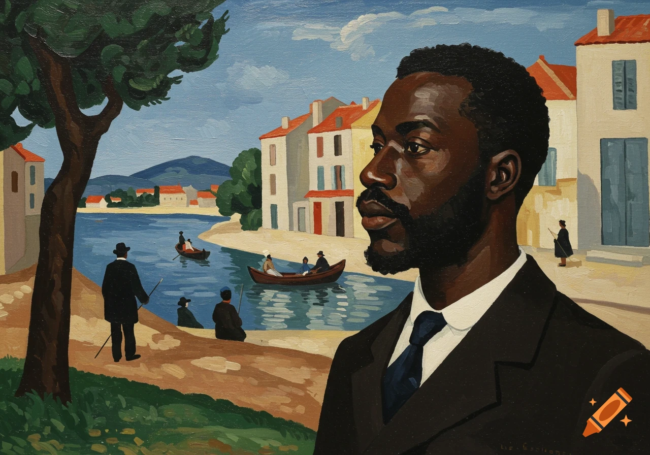 Fauvist painting of a Black man in a suit with a river scene background