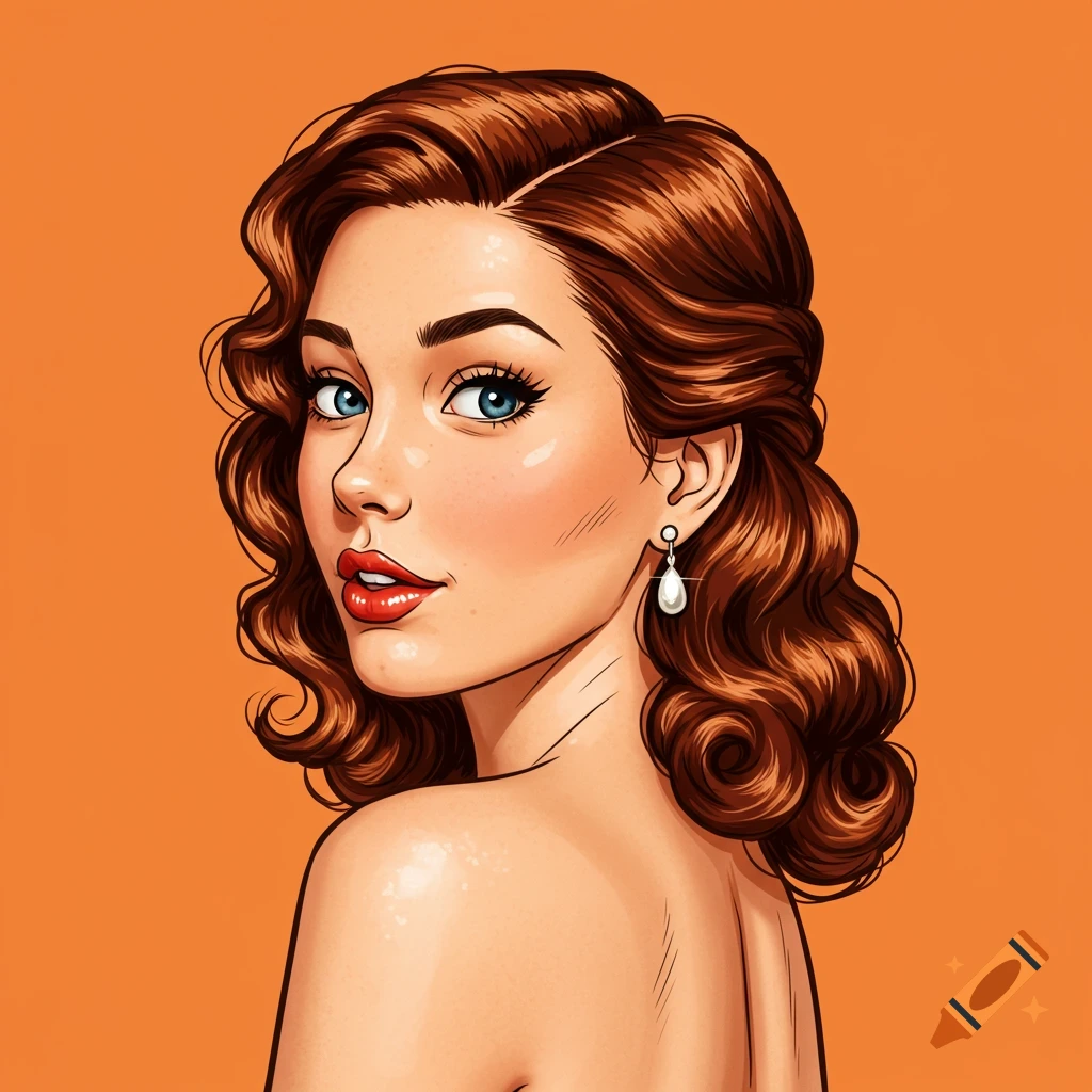 Illustration of a retro comic-style woman with red hair looking back over her shoulder, wearing a pearl earring.