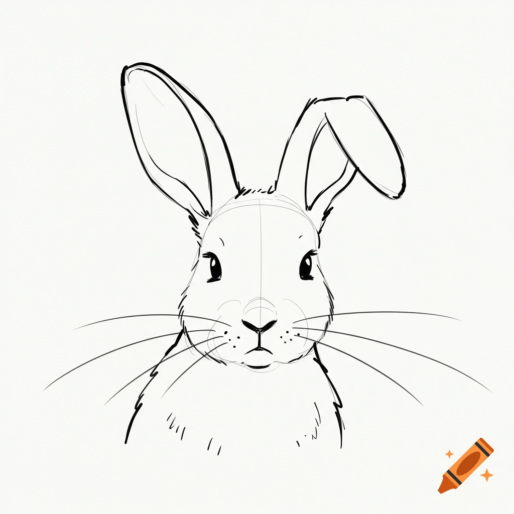 A simple black and white sketch of a rabbit's head.