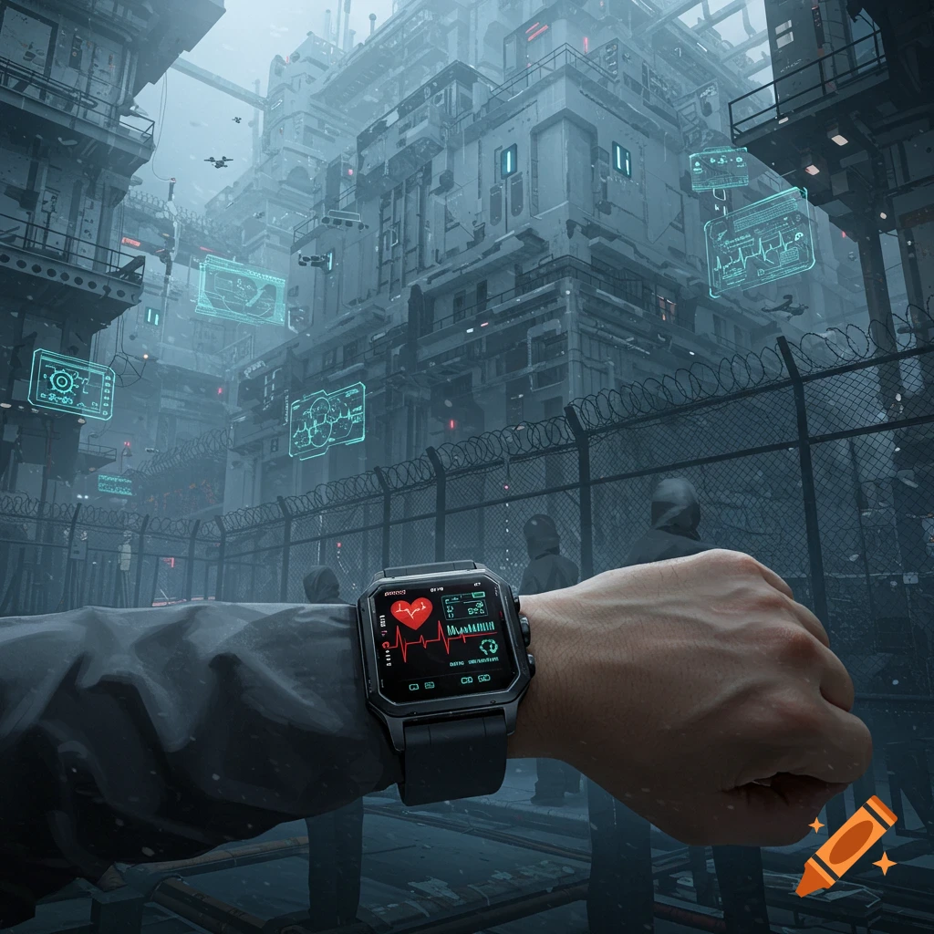 A hand wearing a futuristic smartwatch displaying data is positioned in front of a cyberpunk city featuring holographic screens.