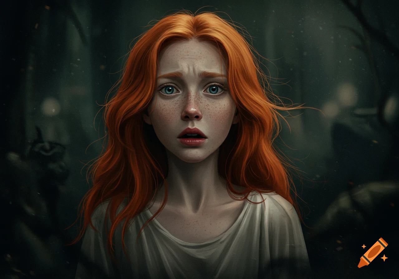 A scared young woman with red hair and freckles.