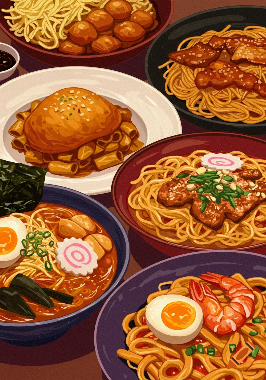 Various food dishes: ramen, pasta, meatballs, shrimp, and eggs in bowls and plates.