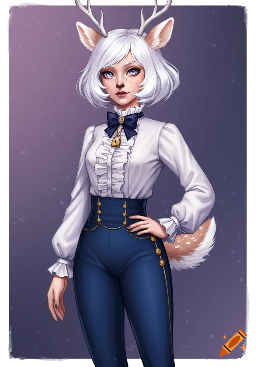 A female character with white hair and deer features wearing a ruffled white shirt and blue pants.