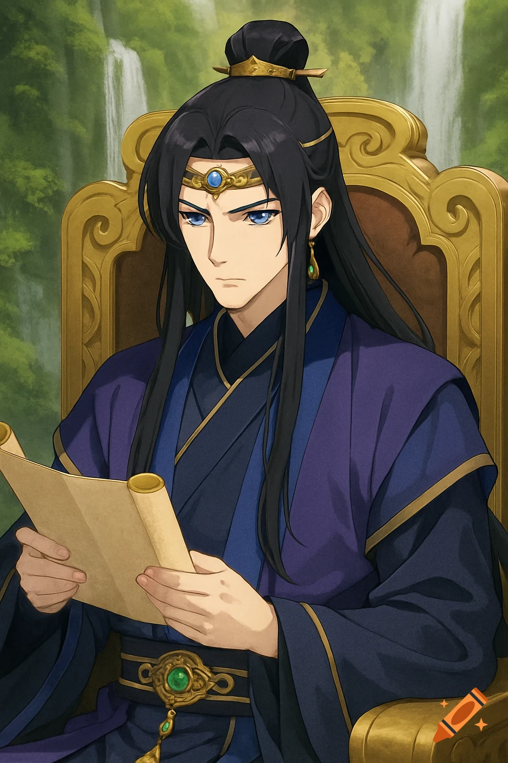 Anime man in traditional Chinese clothing on a throne reads a scroll, waterfall in background.