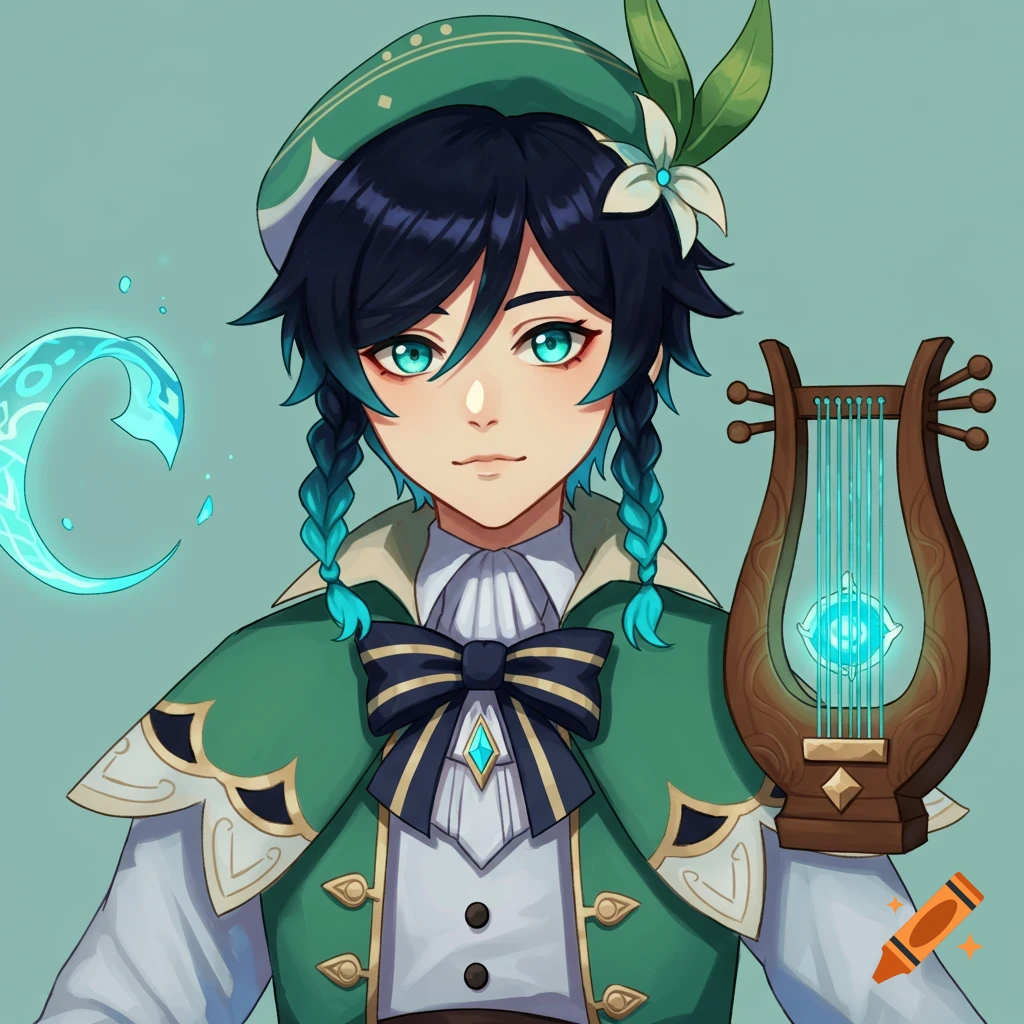 Anime portrait of Venti from Genshin Impact holding a lyre, wearing a green hat and cape.