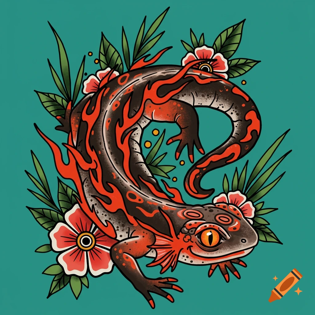 American traditional tattoo style illustration of a salamander with flames, flowers, and leaves on a teal background.