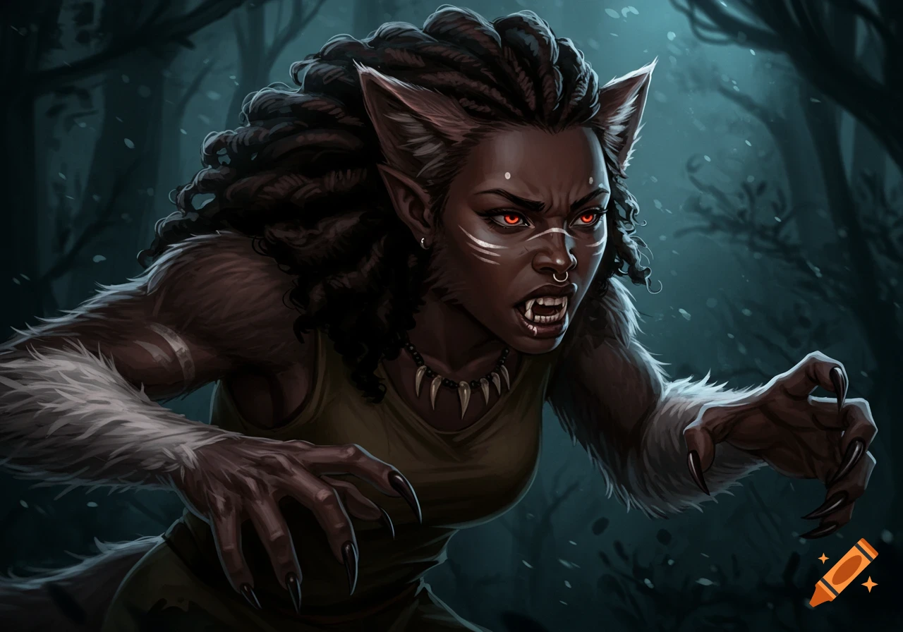 A snarling female werewolf with glowing eyes and claws reaching forward in a dark forest.