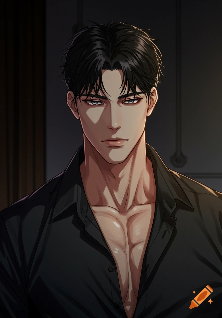 Bust up portrait of a muscular man in a dark shirt, in manhwa art style