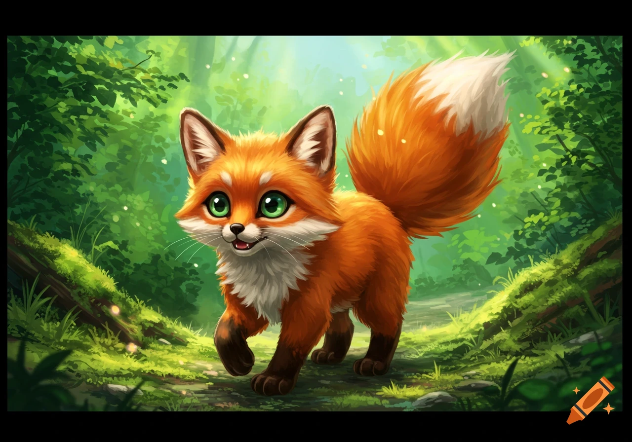 A cute cartoon fox walks on a path through a forest.