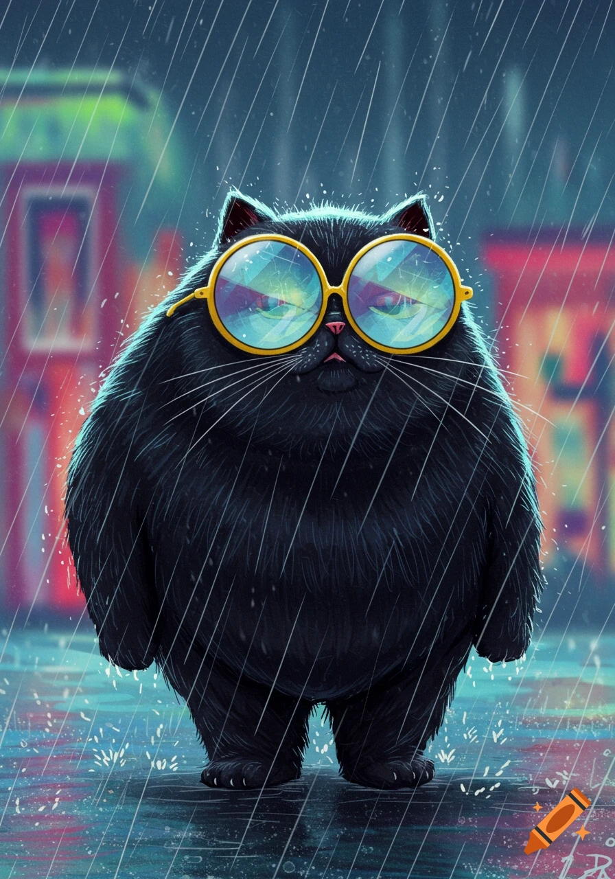 A chunky black cat wearing yellow sunglasses standing in the rain.