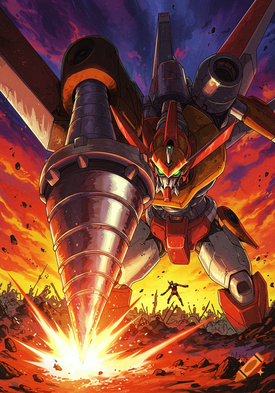 Giant red and yellow robot with a massive drill arm stands over a battleground at sunset.