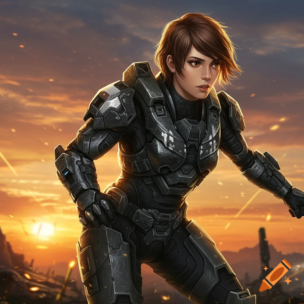A female soldier in black and silver futuristic armor stands in a landscape at sunset.